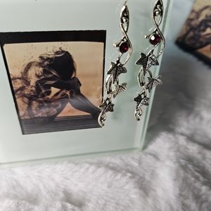 Long Silver Leaf & Vine Garnet Earings